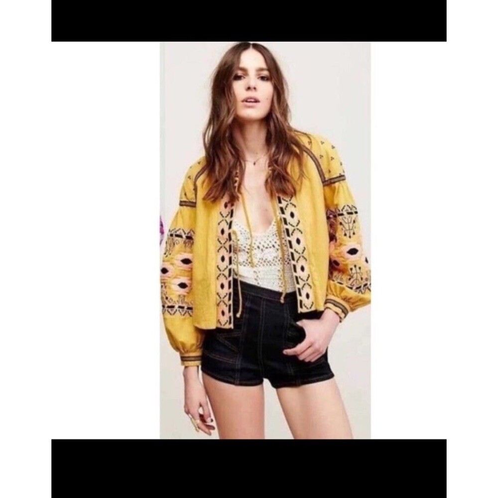 Anthropologie KD Koko Embroidered Long Sleeve SZ S Puff Sleeve Boho Peasant Fall